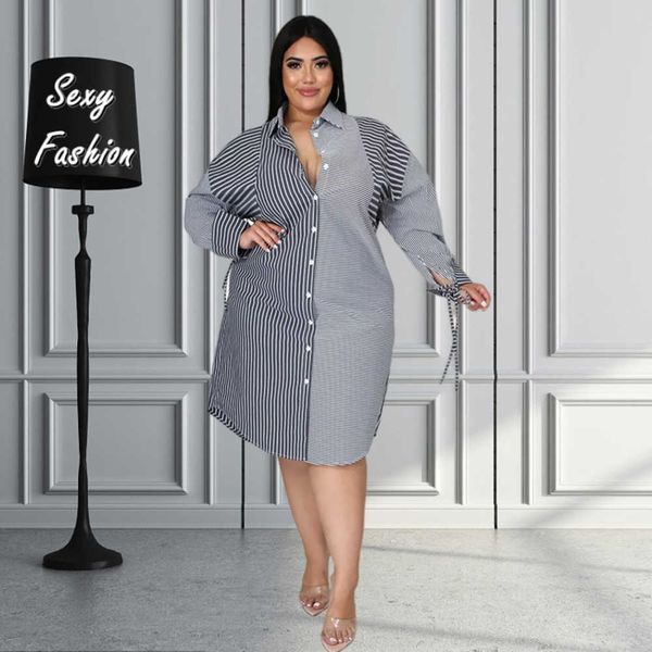 

xl-5xl 2022 plus size fall outfits women clothing fashion stripe print female long sleeve elegant shirt dresses wholesale 230423, Black;gray