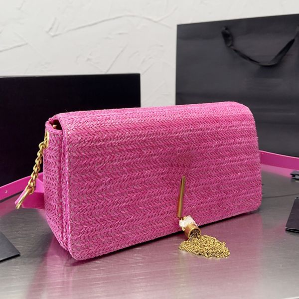 

women weave messenger bag straw shoulder crossbody purse handbag purse fashion gold hardware letter tassel decoration chain clutch flap bags