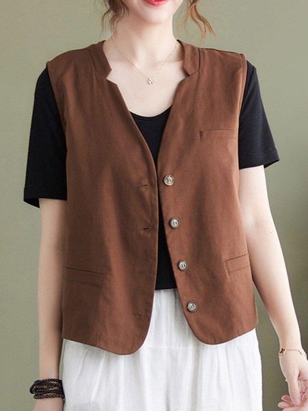 

vests women summer casual single breasted vest jackets new arrival 2022 vintage style vneck solid color linen female sleeveless vest, Black;white