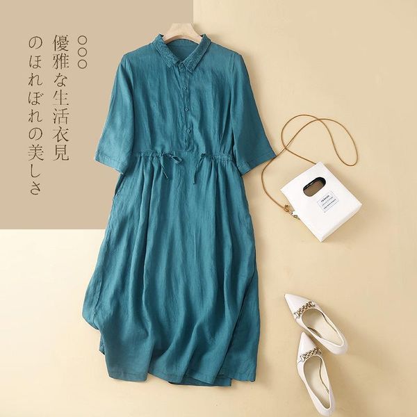 

dresses linen loose embroidered orange dress lapel drawstring half sleeve casual shirt dresses vestidos de verano mujer, Black;gray