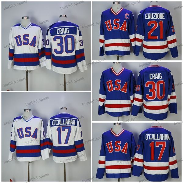 

1980 team usa 30 jim craig jersey hockey 21 mike eruzione 7 jack ocallahan white blue retro vintage mens shirts jerseys, Black