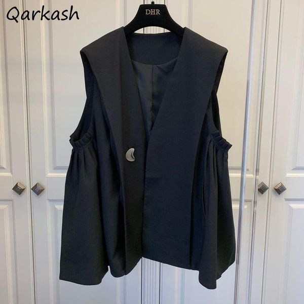 

vests vests women elegant solid color office ladies button design ruched simple vintage female pockets leisure ins retro, Black;white