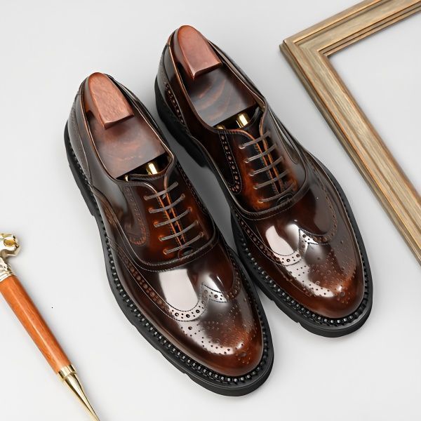 

dress shoes fashion british style men genuine leather carved brogue business luxury brand casual shoe 230422, Black