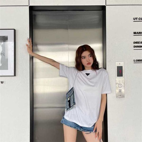 

24% off family spring/summer new fashion triangle label denim bag design decoration casual loose versatile t-shirt, White