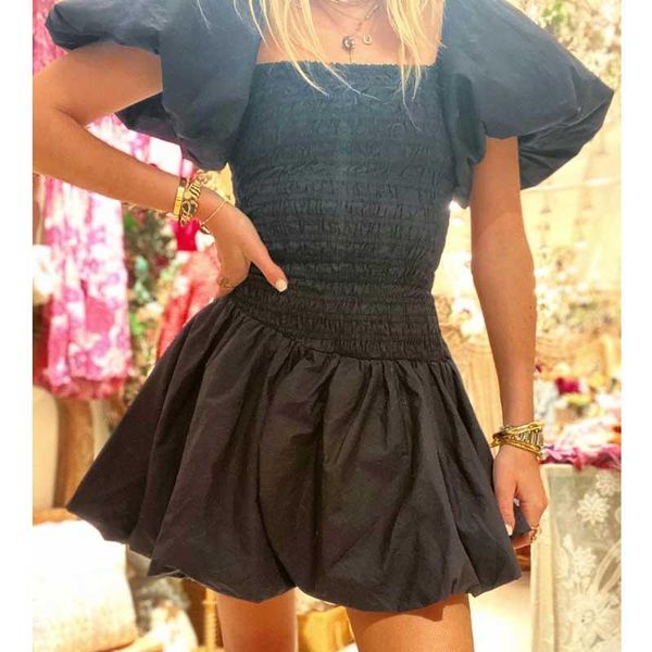 

dresses boho inspired little black dress for women smocked asymmetrical shirred poplin mini party dress puffed sleeve new women dress, Black;gray