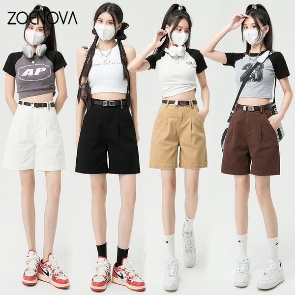

women's shorts zoenova summer wear elastic casual five point pants jean with belt studio s loose y2k regular denim short 230422, White;black