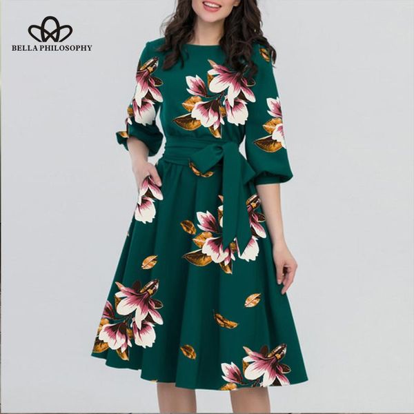 

dresses bella philosophy women floral high waist dress oneck vintage ladies half sleeve dress female sashes kneelength plus size dress, Black;gray