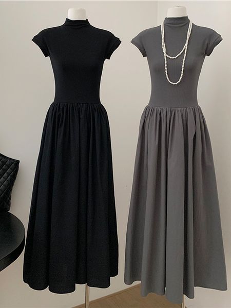 

casual dresses summer women solid color turtleneck mid-long vintage pleated frocks lady sleeveless ruffle design dress cozy french style 230, Black;gray