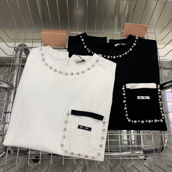 

women's t shirts 2023 summer rhinestone star diamond decoration bow round neck short-sleeved t-shirt women trend solid color luxury, White
