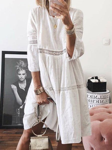 

dresses lace dress white women elegant embroidered dress summer floral hollow out loose beach sunderss female splicing party vestidos, Black;gray