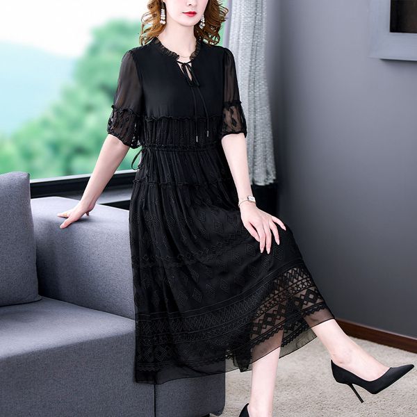 

casual dresses zuo man ru spring fashion runway black dresses women's lantern sleeve lace embroidered patchwork midi party dress 230422, Black;gray