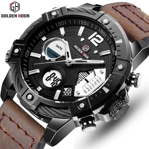 

brand goldenhour genuine leather mens quartz watch sport military clocks waterproof alarm man wristwatch relogio masculino282o, Slivery;brown