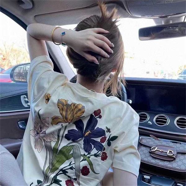 

20% off summer new home back flower short printed t-shirt fashion half sleeve women's dress, White