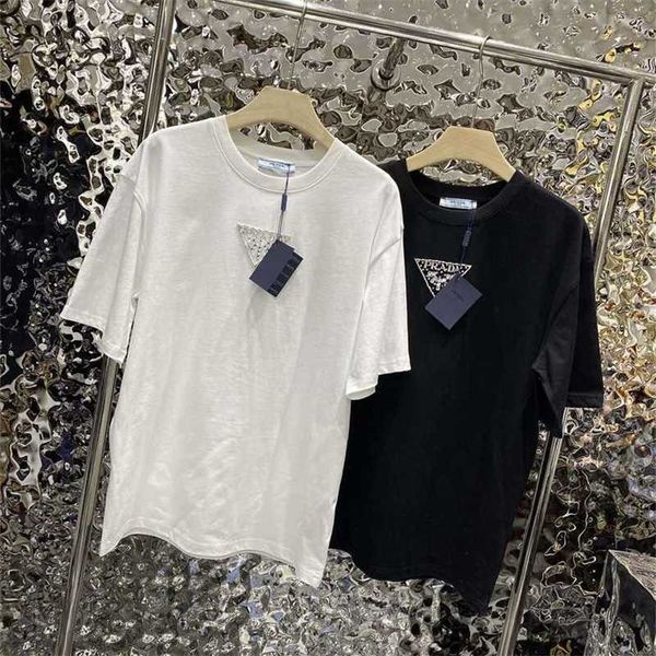 

20% off family spring/summer new fashion simple triangle nail diamond casual loose versatile round neck t-shirt top, White