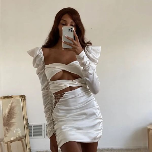 

casual dresses diamond ruched bandage lace up hollow out women dress bodycon club party long sleeve fall clothing ready to ship, Gray;blue