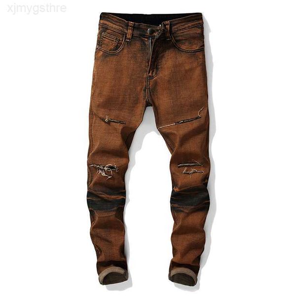 

new straight ripped jeans for men hip hop slim biker zipper fit pants distressed men1jk2, Blue