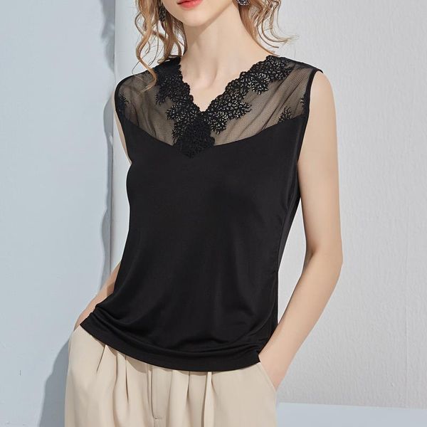

tanks 30%silk 70%viscose tank women knitted silk lace 2021 shirts for women all match undershirts fashion woman tees, Black;white