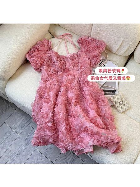 

dresses 2023 summer sweet puff sleeve vneck 3d floral decoration mini dresses women's casual chiffon pink aline dress lady vestido, Black;gray