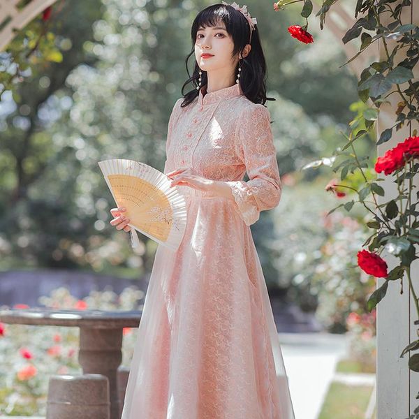 

dresses yosimi long women dress elegant 2022 vintage pink lace and voile stand collar aline evening party half sleeve dresses elagent, Black;gray