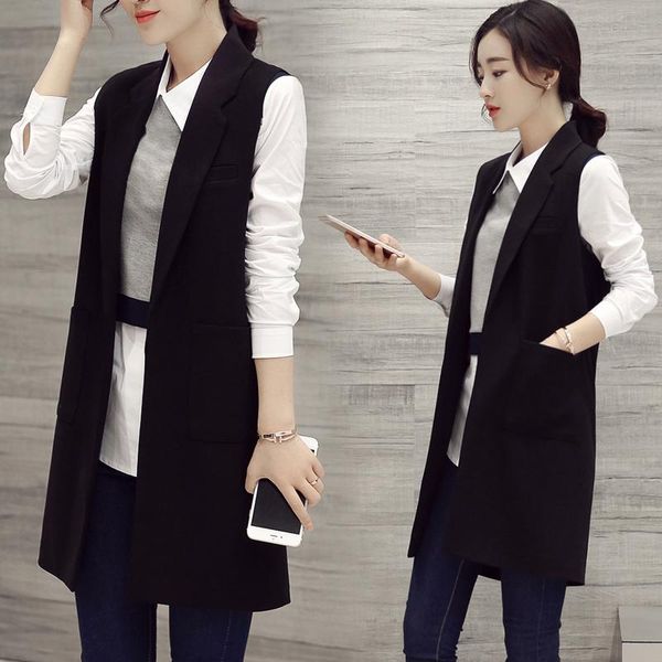 

vests 2022 classic women long blazer vest elegant office lady coat female waistcoat causal suits sleeveless jacket, Black;white