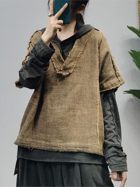 

vests spring women new vest retro loose flax pullovers 2022 female casual vneck short sleeve vintage vest coat, Black;white