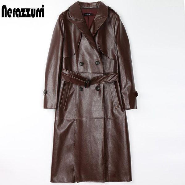 

jackets nerazzurri spring brown long black faux leather trench coat for women long sleeve belt double breasted womens fall fashion 7xl, Black;brown