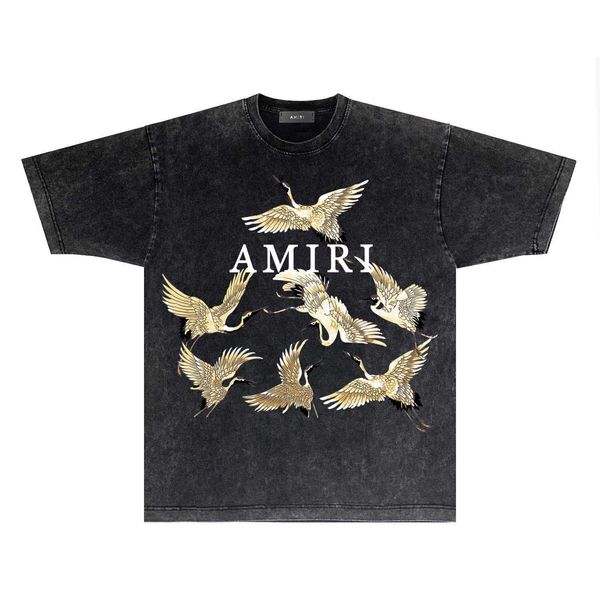 

designer clothing tees tshirt amiiri 2023 summer new golden crane washed old short sleeve t-shirt men luxury streetwear for sale hip hop cas, White;black