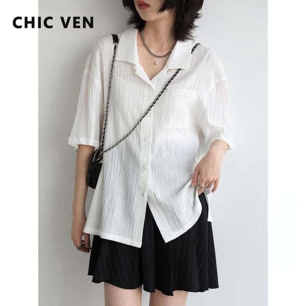

shirts chic ven women shirt casual loose striped shirts solid short sleeve women's blouse female 2022 summer new, White