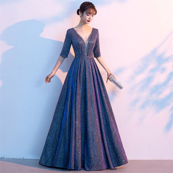 

dresses dress women's fashion new solid color vneck fivepoint sleeves sequin mesh aline long skirt temperament female clothing m219, Black;gray