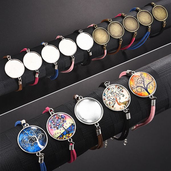 

chains 20pcslot 2025mm leather bracelet blanks for round cabochon diy jewelry making connector setting bezels tray findings 230422, Silver