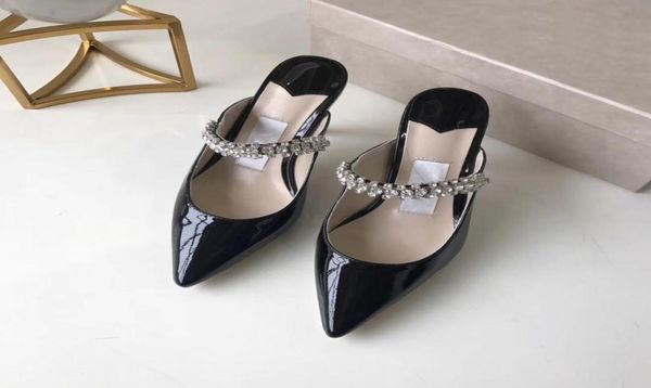 

patent leather mules women high heel sandal slide diamond falt sandal designer crystal strap women mules pointed black white style4609345