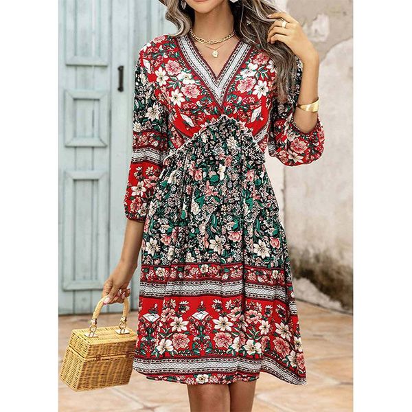 

dresses 2022 summer new european and american fashion retro temperament commuter loose dress female vneck shortsleeved printed dresses, Black;gray