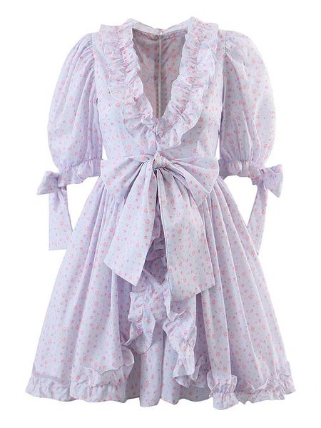 

dresses yenkye vintage women sweet bow ruffle lavender floral print dress v neck puff sleeve female holiday party dresses short, Black;gray