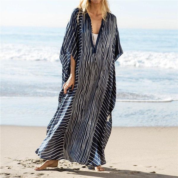 

dresses 2023 dark blue striped deep vneck bats sleeve loose summer dress beach kaftan plus size women beachwear maxi dress sarong n844, Black;gray