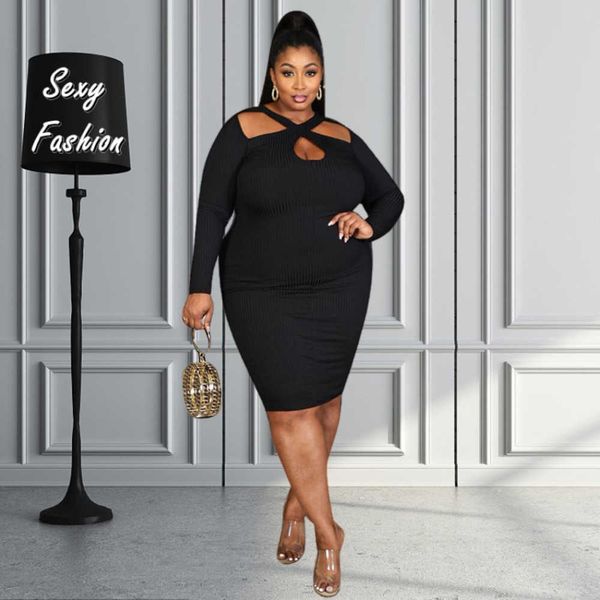 

xl-5xl elegant plus size dresses for women clothing 2022 fall solid pit strip long sleeve club evening dress lady outfits 230423, Black;gray