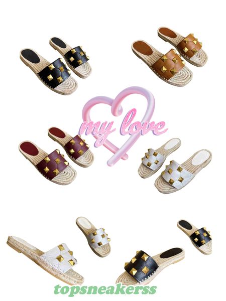 

designer womens slippers flat bottom rivet leather fashion sandals canvas shoes fashion summer sandals beach sandals, Black