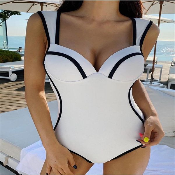

new female swimwear vintage one piece ruffled push up black white swimwear women simple monokini padded korea bathing suits247p