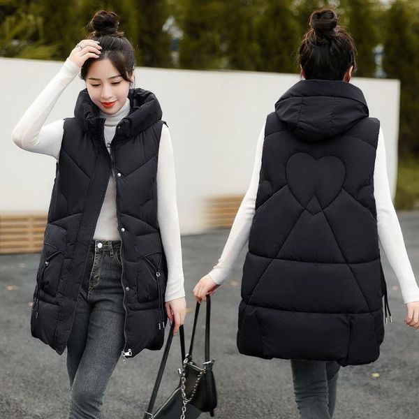 

vests autumn winter women's vest medium and long down cotton vest sleeveless cotton jacket warm hooded waistcoat female, Black;white
