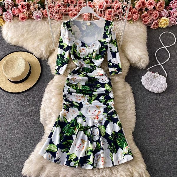 

dresses korean new flower print green bodycon mermaid dress 2021 summer new square collar 3/4 sleeve pleated ruffles long dress, Black;gray