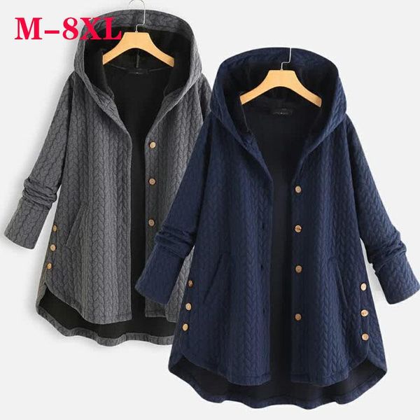 

leather plus big size women clothing 7xl 8xl solid single breasted women cotton hooded jacket coat medium long irregular cotton overcoat, Black