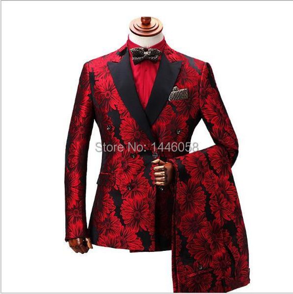 

blazers costume homme red printed double breasted suits for men terno masculino men's tuxedo prom party suits floral wedding groom suit, White;black