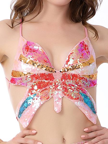 

t-shirt women's shimmer sequin crop lowcut tube butterfly laceup tank vest rave halloween clubwear camis, White