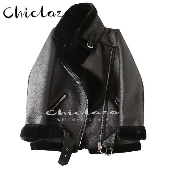 

jackets chiclaza 2022 women winter thick warm wool lamb faux leather jacket coat female casual zipper belt outwear top, Black;brown
