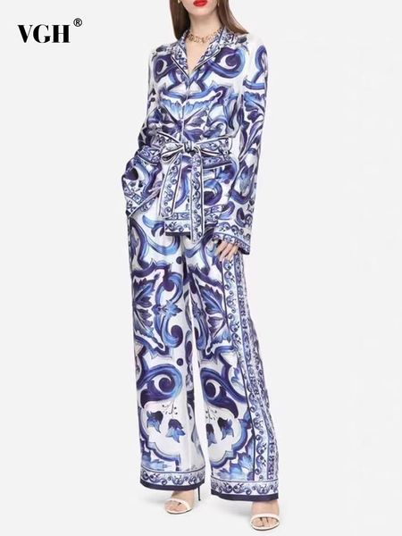 

pants vgh vintage print colorblock two piece set female lapel long sleeve lace up high waist loose pants sets for woman 2022 new, White