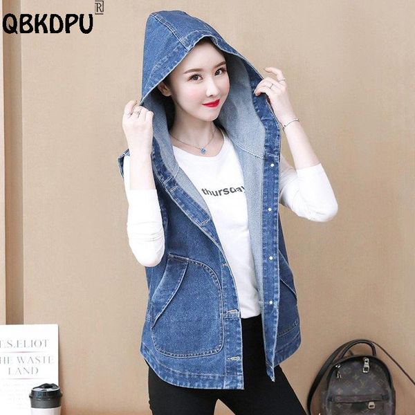 

vests fashion hooded denim vest women blue sleeveless jacket wash plus size chaleco mujer new arrivals loose jeans waistcoat mother, Black;white