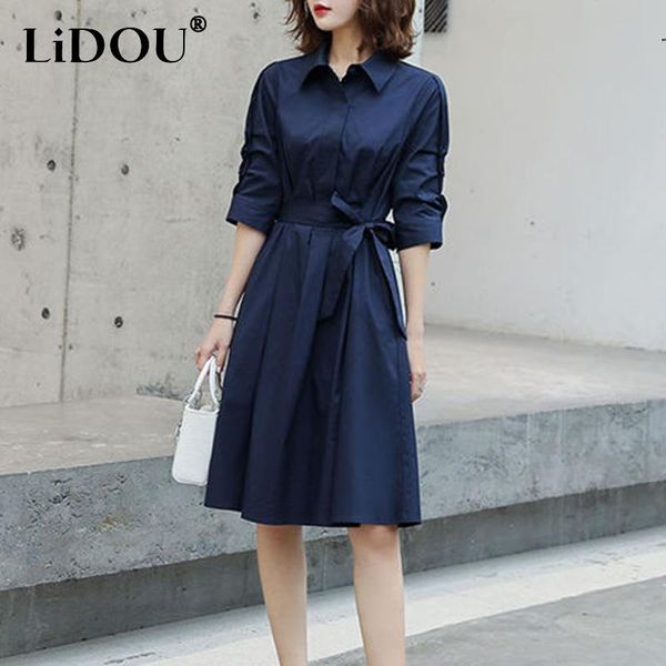 

dresses spring autumn solid elegant fashion chic dress women half sleeve aesthetic casual vestidos de fiesta navy blue korean robe femme, Black;gray