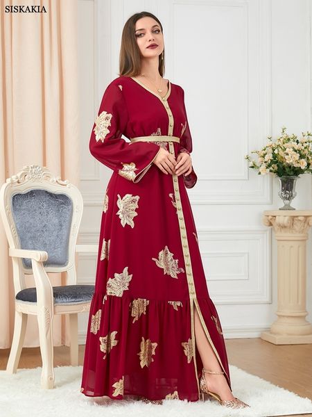 

ethnic clothing dresses for women autumn muslim fashion dubai abaya printed button tape trim belted kaftan split hem party dress 230422, Red