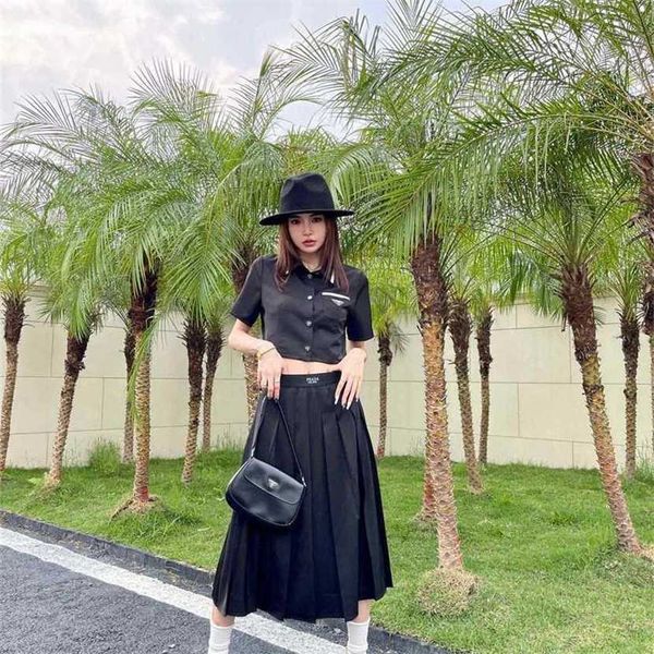 

24% off family summer new fashion classic triangle label acetic acid shirt short sleeve pleated half skirt set, White