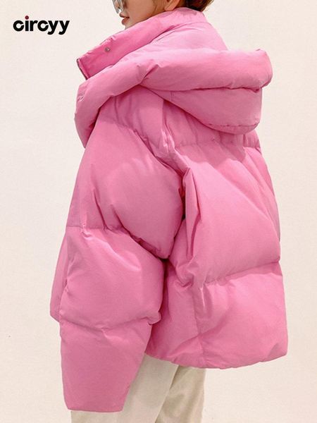 

leather circyy 2022 winter jacket for women coat warm solid hooded pink parkas female casual loose short outwear korean cottonpadded, Black