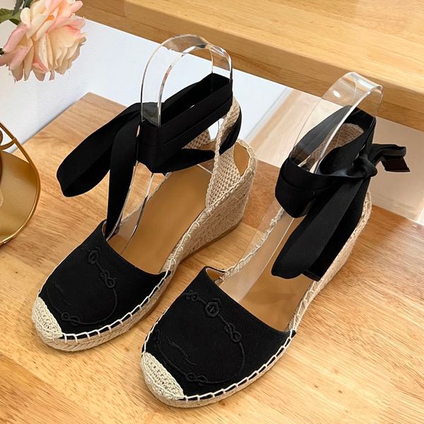 

linen embroidered espadrilles wedges sandals heeled platform pumps heels open-toe women's luxury designers leather outsole sand casual, Black